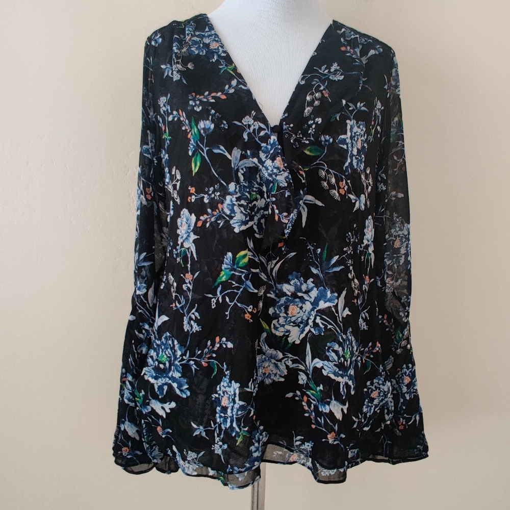 WHBM Floral Overlay Chiffon Blouse